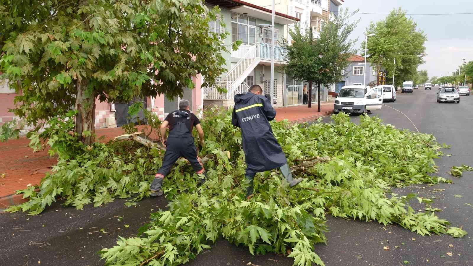 MALATYA'DA ANİDEN BASTIRAN SAĞANAK, ŞİDDETLİ RÜZGARLA BİRLİKTE ETKİLİ OLDU. FIRTINA NEDENİYLE KENT MERKEZİNDE BİRÇOK NOKTADA AĞAÇLAR DEVRİLİRKEN, BAZI İŞ YERLERİNİN CAMLARI KIRILDI.