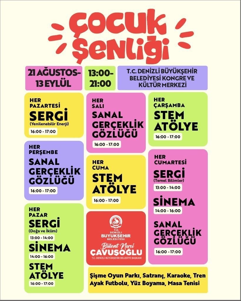 DENİZLİ BÜYÜKŞEHİR BELEDİYESİ, YAZ TATİLİNİ ÇOCUK ŞENLİĞİ İLE DAHA EĞLENCELİ HALE GETİRİYOR. 21 AĞUSTOS-13 EYLÜL 2026 TARİHLERİ ARASINDA YAPILACAK ŞENLİK, BİLİMDEN SANATA, SPORDAN EĞLENCEYE KADAR PEK ÇOK ETKİNLİĞİ ÇOCUKLARLA BULUŞTURACAK.
