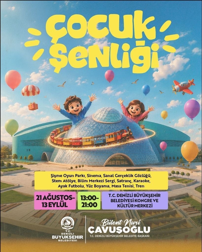 DENİZLİ BÜYÜKŞEHİR BELEDİYESİ, YAZ TATİLİNİ ÇOCUK ŞENLİĞİ İLE DAHA EĞLENCELİ HALE GETİRİYOR. 21 AĞUSTOS-13 EYLÜL 2026 TARİHLERİ ARASINDA YAPILACAK ŞENLİK, BİLİMDEN SANATA, SPORDAN EĞLENCEYE KADAR PEK ÇOK ETKİNLİĞİ ÇOCUKLARLA BULUŞTURACAK.