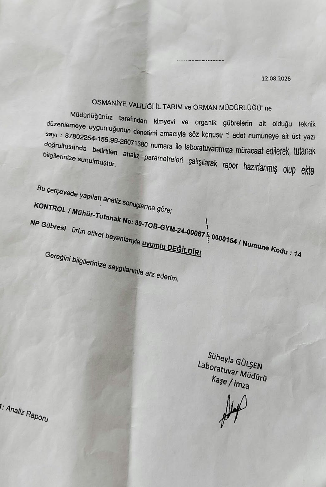 ÜRÜNÜN LABORATUVAR ORTAMINDA İNCELENME RAPORU.