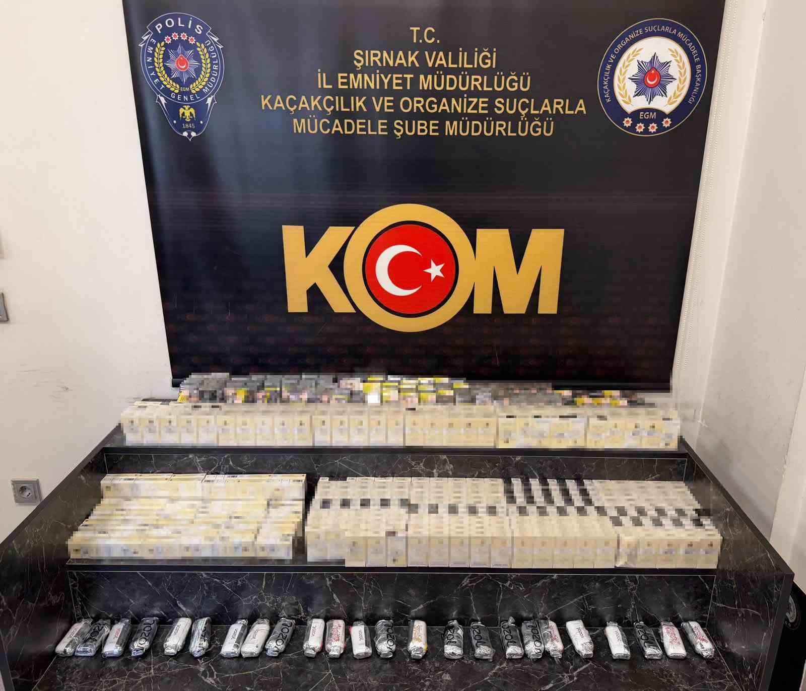 ŞIRNAK'TA ASAYİŞ, NARKOTİK VE KAÇAKÇILIK OPERASYONLARINDA PİYASA DEĞERİ YAKLAŞIK 2 MİLYON 500 BİN LİRA OLAN GÜMRÜK KAÇAĞI MALZEME ELE GEÇİRİLİRKEN, GÖZALTINA ALINAN 21 ŞÜPHELİ HAKKINDA YASAL İŞLEM YAPILDI.