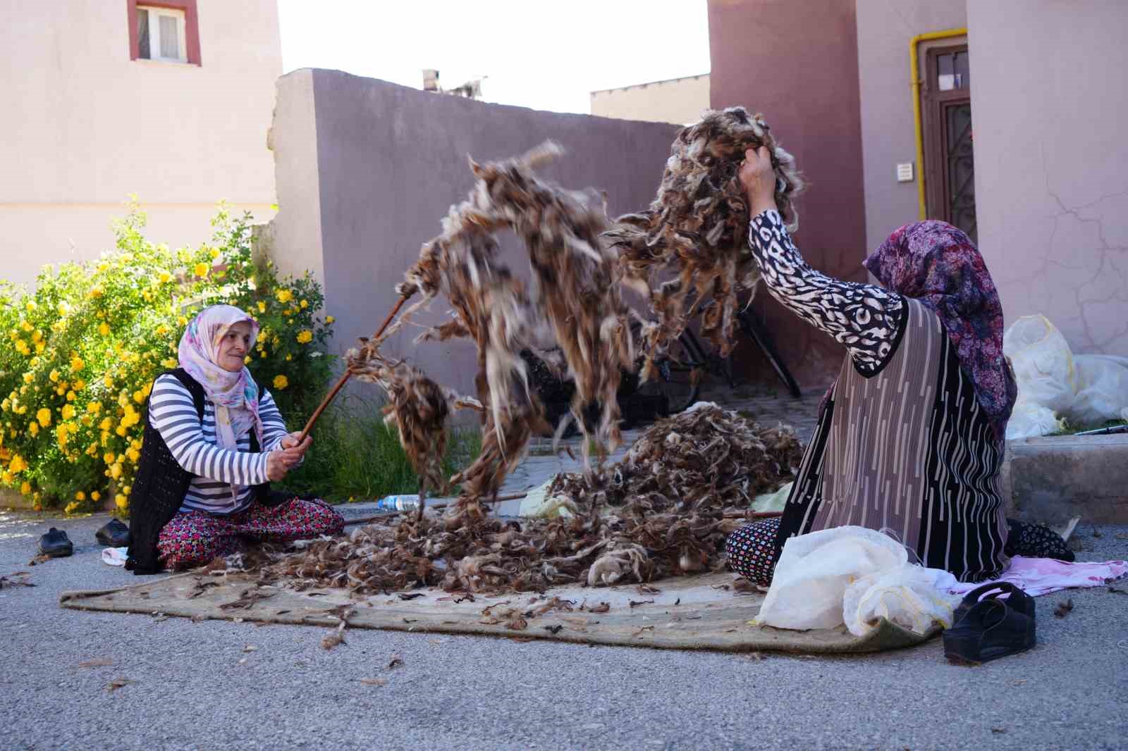 BAYBURT’TA YAZ SICAKLARINDA KADINLAR, KIŞLIK YORGAN, YASTIK, MİNDER VE DÖŞEKLERDE KULLANILAN YÜNLERİ TEMİZLEMEK VE YENİLEMEK İÇİN GELENEKSEL YÜN ÇIRPMA MESAİSİNE BAŞLADI