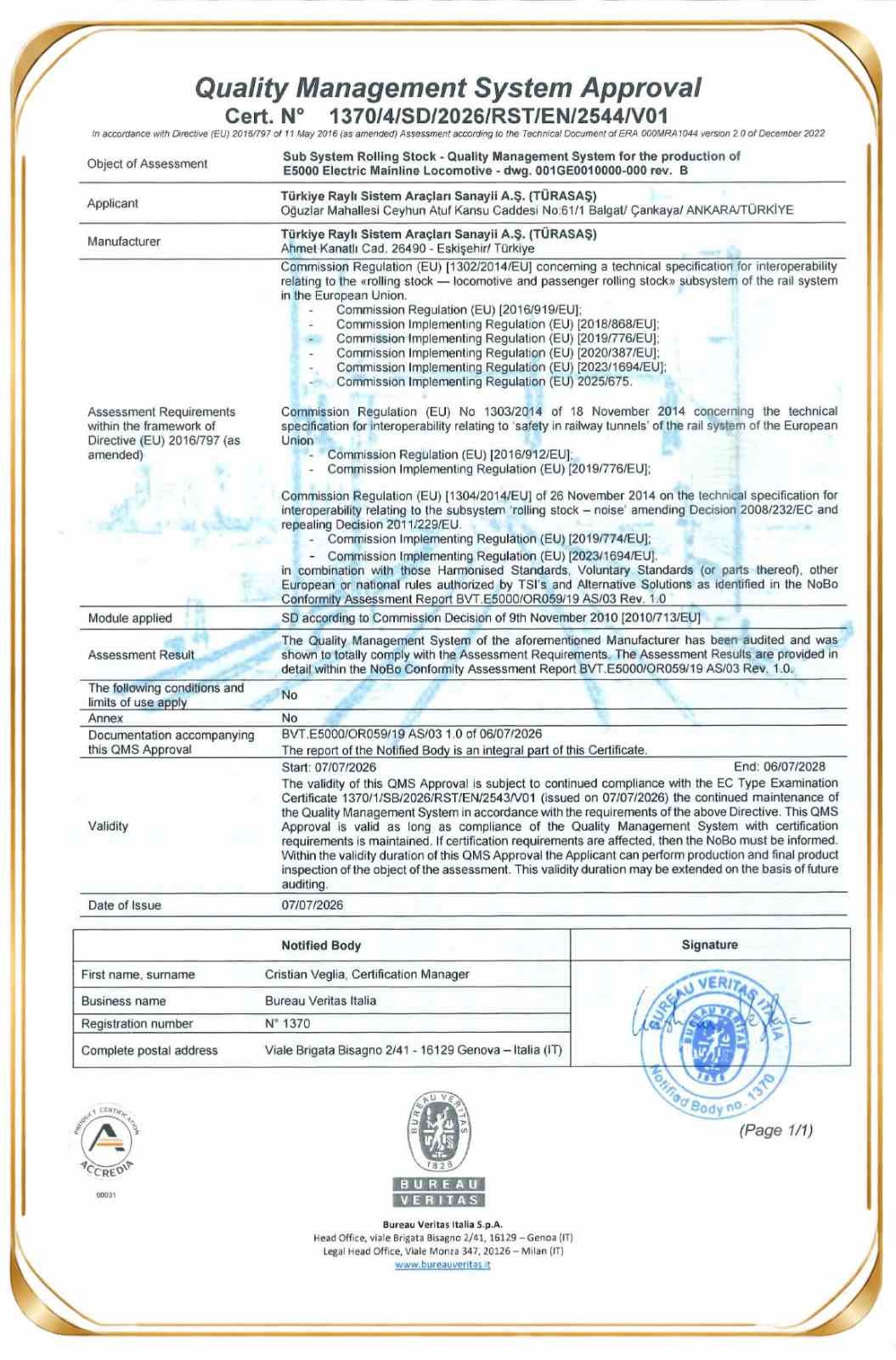 ULAŞTIRMA VE ALTYAPI BAKANI ABDULKADİR URALOĞLU, TÜRKİYE RAYLI SİSTEM ARAÇLARI SANAYİ A.Ş TARAFINDAN ÜRETİLEN TÜRKİYE’NİN İLK YERLİ VE MİLLİ ELEKTRİKLİ LOKOMOTİFİ E5000’İN AVRUPA BİRLİĞİ KARŞILIKLI İŞLETİLEBİLİRLİK BELGESİ OLAN TSI SERTİFİKASINI ALDIĞINI AÇIKLADI.