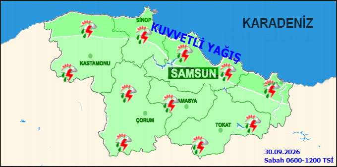 SONBAHAR YAĞMURLARININ ETKİLİ OLDUĞU SAMSUN’DA GÖK GÜRÜLTÜLÜ VE KUVVETLİ YAĞIŞLAR DEVAM EDİYOR. SON 24 SAATTE METREKAREYE ORTALAMA 57,8 KİLOGRAM YAĞIŞ DÜŞTÜ.