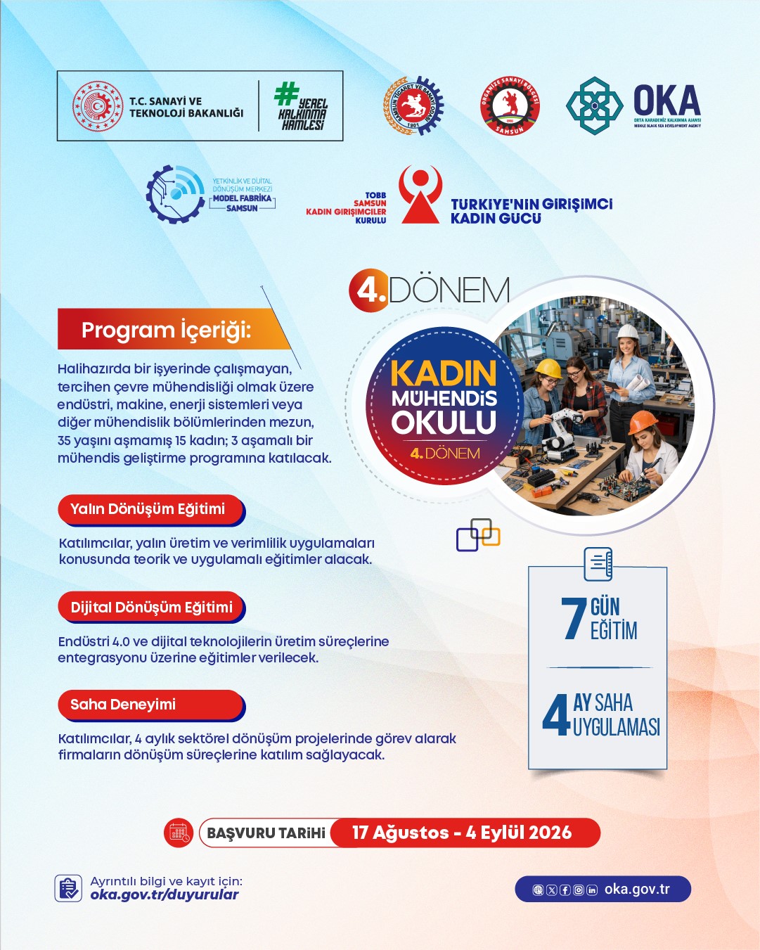 ORTA KARADENİZ KALKINMA AJANSI (OKA) KOORDİNASYONUNDA KADIN İSTİHDAMI VE KADIN GİRİŞİMCİLİĞİ ALANINDA ÖRNEK BİR UYGULAMA OLARAK YÜRÜTÜLEN KADIN MÜHENDİS OKULU PROGRAMI’NIN 4. DÖNEMİ İÇİN BAŞVURULAR BAŞLADI.