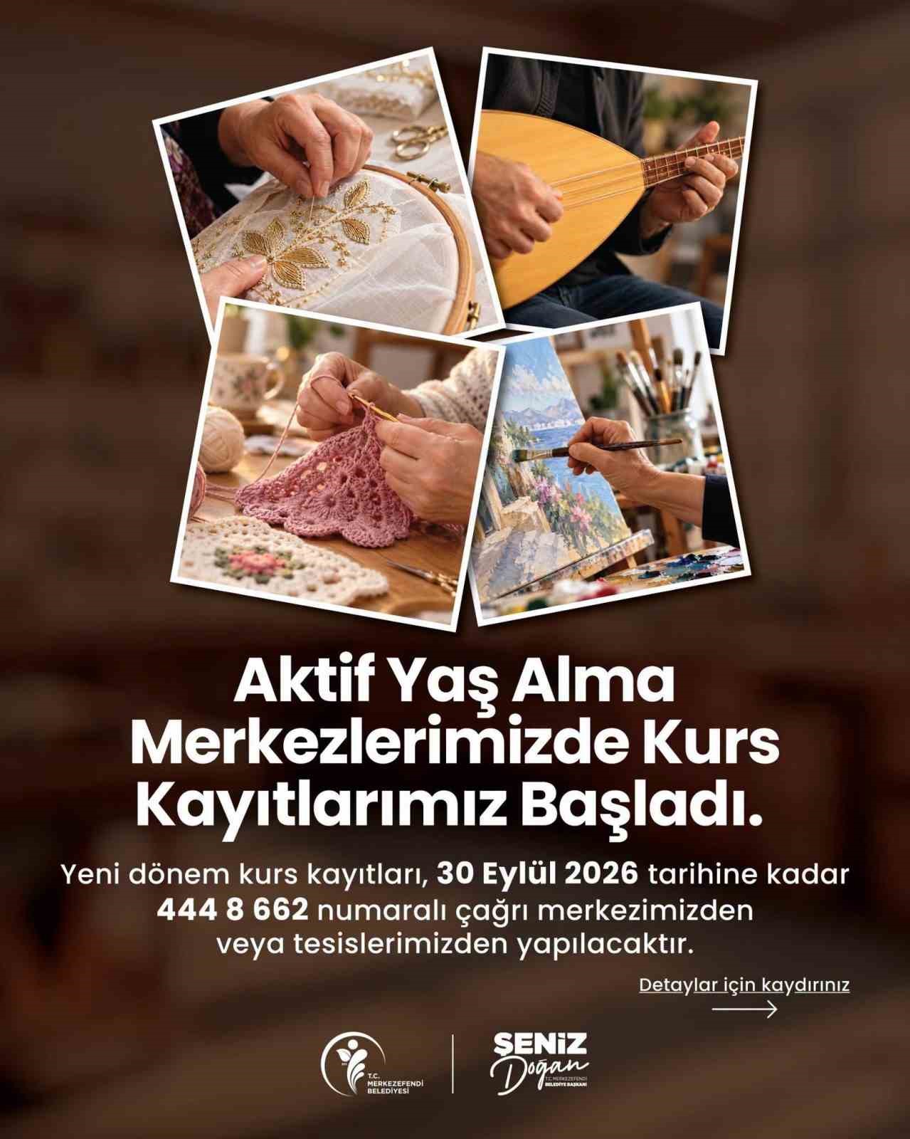MERKEZEFENDİ BELEDİYESİ’NİN BÜYÜKLERİN SOSYAL, KÜLTÜREL VE KİŞİSEL GELİŞİMLERİNE KATKI SUNMAK AMACIYLA HİZMET VERDİĞİ AKTİF YAŞ ALMA MERKEZLERİNDE YENİ DÖNEM KURS KAYITLARI BAŞLADI. KURSLARA KATILMAK İSTEYEN VATANDAŞLAR, 30 EYLÜL ÇARŞAMBA GÜNÜNE KADAR BAŞVURULARINI GERÇEKLEŞTİREBİLECEK.