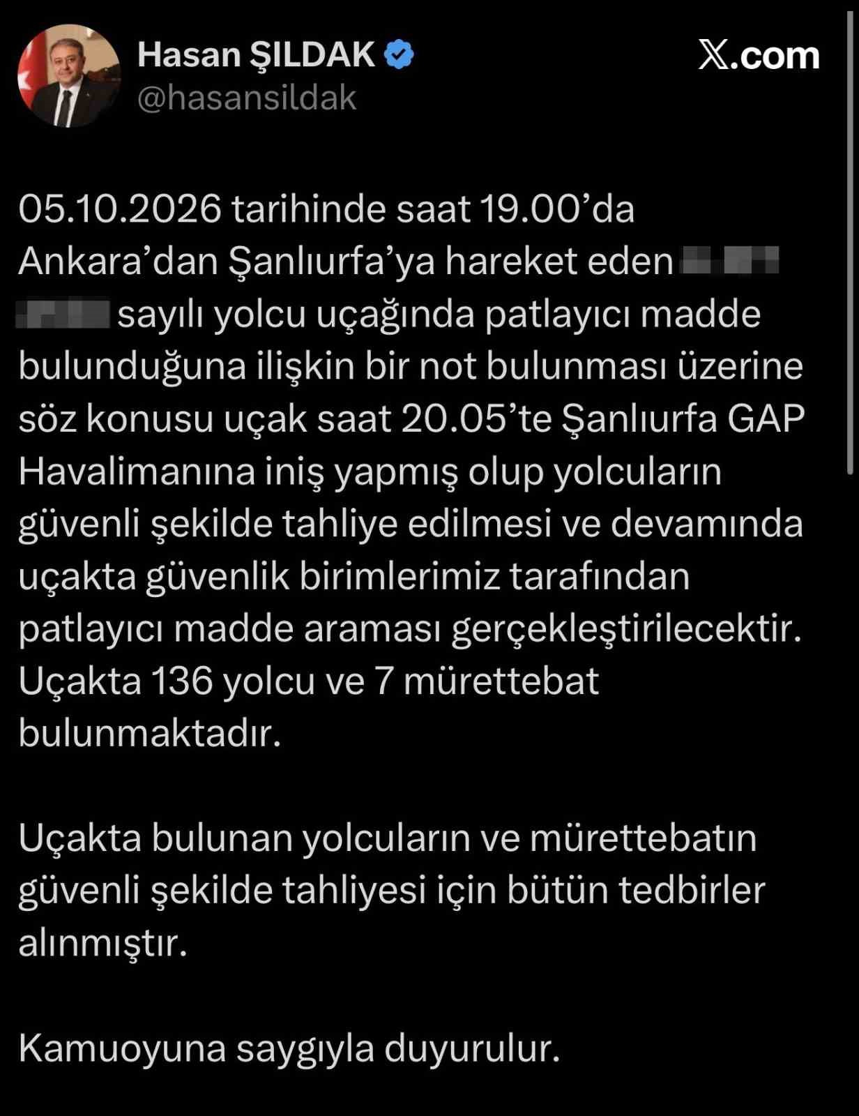 ŞANLIURFA VALİSİ HASAN ŞILDAK’TAN BOMBA İHBARI AÇIKLAMASI