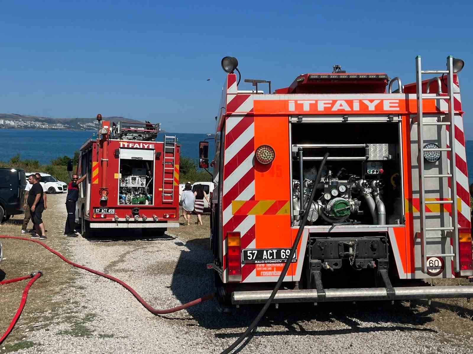 SİNOP’TA PARK HALİNDEKİ OTOMOBİLİN MOTOR KISMINDA ÇIKAN YANGIN, YANINDAKİ OTLUK ALANA SIÇRADI. YANGIN, İTFAİYE EKİPLERİNİN MÜDAHALESİYLE ÇEVREDEKİ ARAÇLARA ULAŞMADAN KONTROL ALTINA ALINDI.