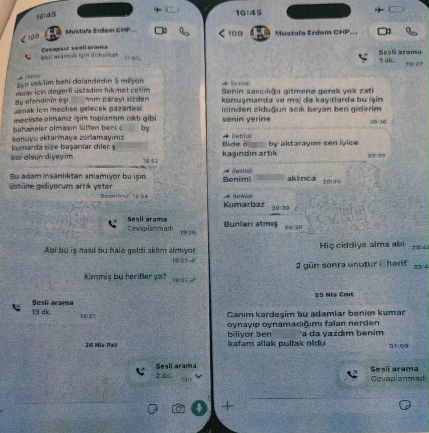 ANKARA’DA YÜRÜTÜLEN UYUŞTURUCU VE FUHUŞ SORUŞTURMASININ 4’ÜNCÜ DALGASINDA GÖZALTINA ALINAN ARDA BİRİNCİ’NİN DİJİTAL MATERYALLERİNDE, YENİ PARTİ ANTALYA MİLLETVEKİLİ MUSTAFA ERDEM’LE YAPTIĞI ÖNE SÜRÜLEN YAZIŞMALAR ORTAYA ÇIKTI.