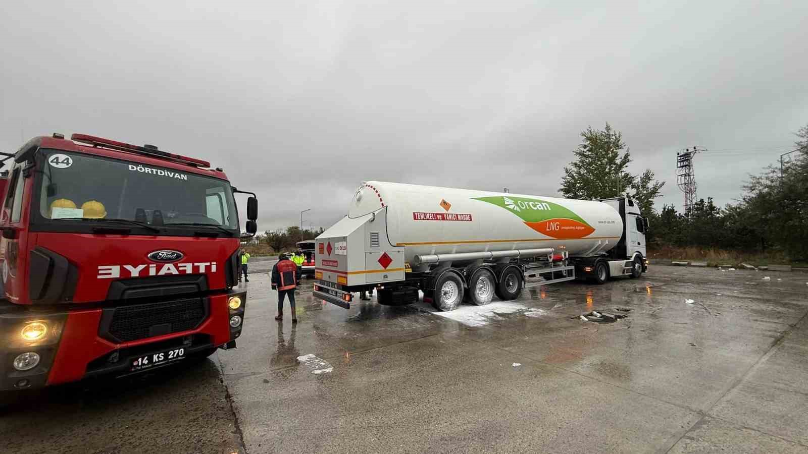 BOLU’DA TEM OTOYOLU’NUN DÖRTDİVAN GEÇİŞİNDE LPG YÜKLÜ TIRIN LASTİKLERİNDE ÇIKAN YANGIN, JANDARMA EKİPLERİNİN MÜDAHALESİYLE BÜYÜMEDEN KONTROL ALTINA ALINDI. OLAYDA OLASI BİR FACİANIN ÖNÜNE GEÇİLDİ.
