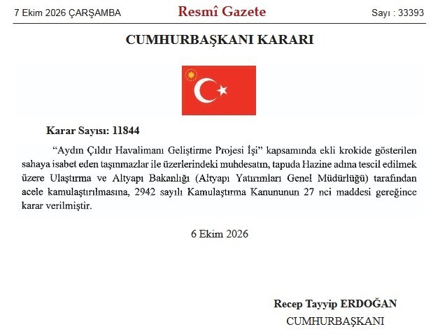 AYDIN ÇILDIR HAVALİMANI’NIN TİCARİ UÇUŞLARA AÇILMASI İÇİN YÜRÜTÜLEN GELİŞTİRME PROJESİ KAPSAMINDA EFELER İLÇESİNDEKİ TEPECİK, GÖLHİSAR VE KOCAGÜR MAHALLELERİNDEKİ BAZI TAŞINMAZLAR İÇİN ACELE KAMULAŞTIRMA KARARI ALINDI.