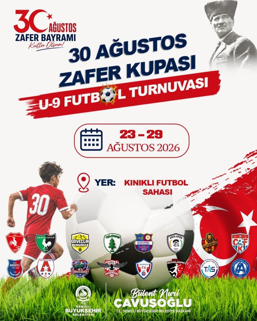 DENİZLİ BÜYÜKŞEHİR BELEDİYESİ, 30 AĞUSTOS ZAFER BAYRAMI’NIN 104. YIL DÖNÜMÜNÜ SPORUN BİRLEŞTİRİCİ GÜCÜYLE KUTLAMAYA HAZIRLANIYOR. BU KAPSAMDA 21-29 AĞUSTOS 2026 TARİHLERİ ARASINDA FUTBOL, BASKETBOL VE TENİS BRANŞLARINDA DÜZENLENECEK TURNUVALARDA YÜZLERCE GENÇ SPORCU MÜCADELE EDECEK.