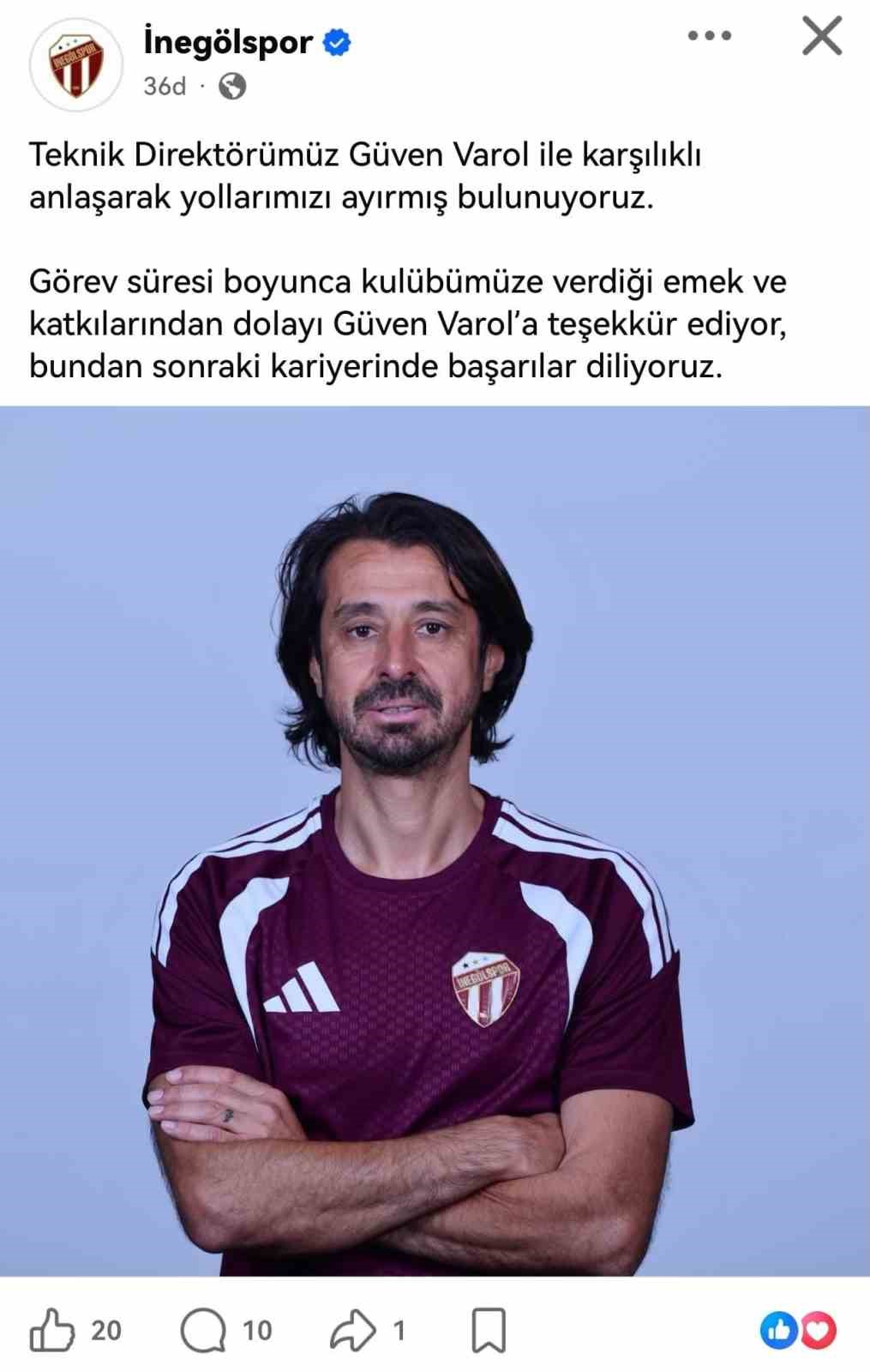 TFF 2. LİG TEMSİLCİSİ SULTAN SU İNEGÖLSPOR, TEKNİK DİREKTÖR GÜVEN VAROL İLE KARŞILIKLI ANLAŞARAK YOLLARINI AYIRDIĞINI AÇIKLADI.