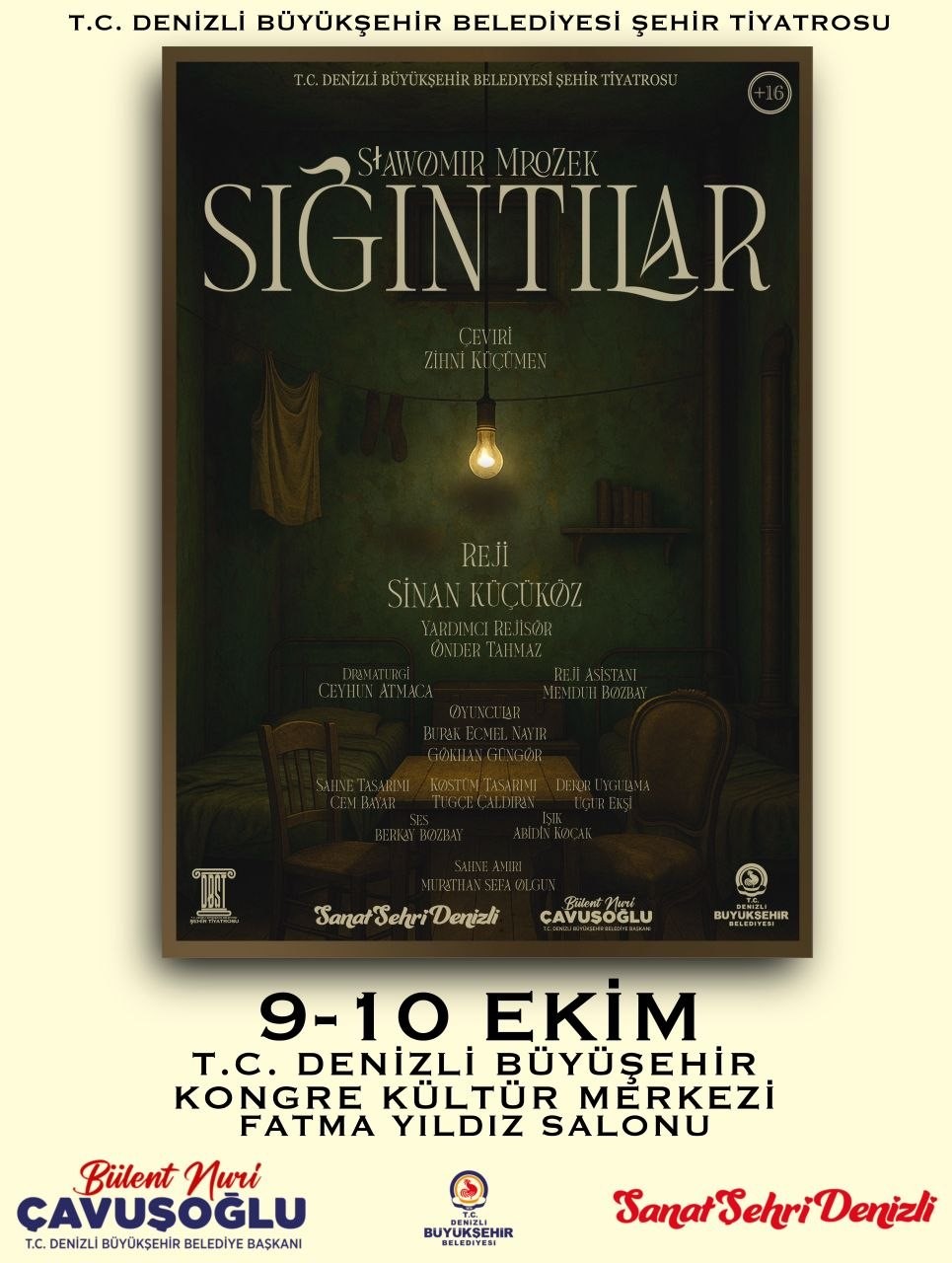 DENİZLİ BÜYÜKŞEHİR BELEDİYESİ ŞEHİR TİYATROSU, 2 EKİM’DE "GEÇ KALANLAR" İLE YENİ SEZONU BAŞLATIYOR. EKİM AYI BOYUNCA DRAMDAN KOMEDİYE, EZBER BOZAN ANLATIMLARDAN İNTERAKTİF DOĞAÇLAMAYA UZANAN 5 FARKLI YAPIM SANATSEVERLERLE BULUŞACAK. TİYATROSEVERLERİN HEYECANLA BEKLEDİĞİ OYUNLAR İÇİN E-BİLETLER ERİŞİME AÇILDI.