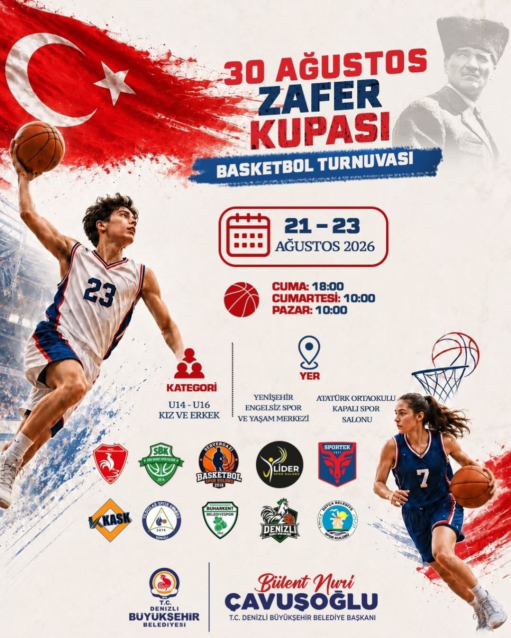 DENİZLİ BÜYÜKŞEHİR BELEDİYESİ, 30 AĞUSTOS ZAFER BAYRAMI’NIN 104. YIL DÖNÜMÜNÜ SPORUN BİRLEŞTİRİCİ GÜCÜYLE KUTLAMAYA HAZIRLANIYOR. BU KAPSAMDA 21-29 AĞUSTOS 2026 TARİHLERİ ARASINDA FUTBOL, BASKETBOL VE TENİS BRANŞLARINDA DÜZENLENECEK TURNUVALARDA YÜZLERCE GENÇ SPORCU MÜCADELE EDECEK.